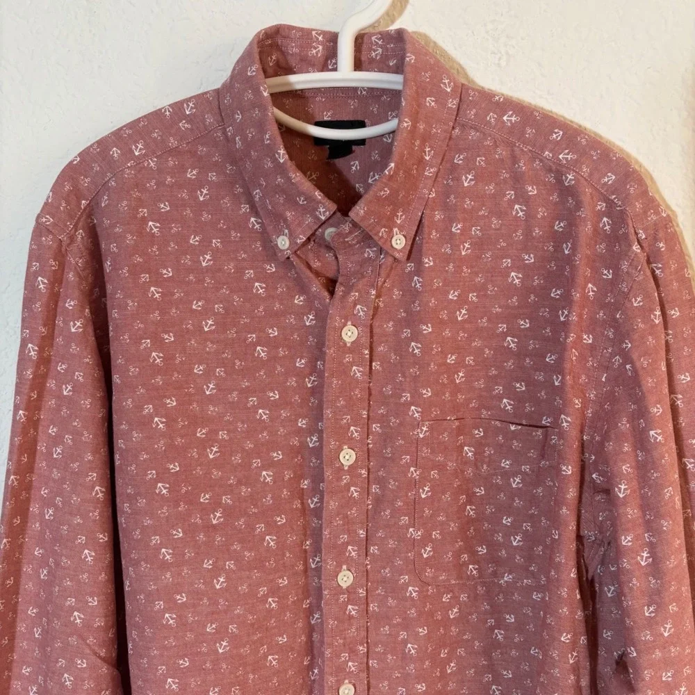 J. Crew Anchor Print Button Down Shirt Mens Medium Red Pink